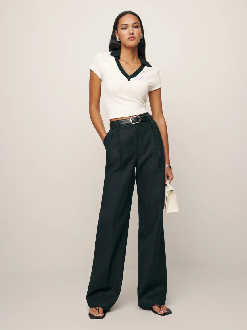 Alex Mid Rise Linen Pant - White