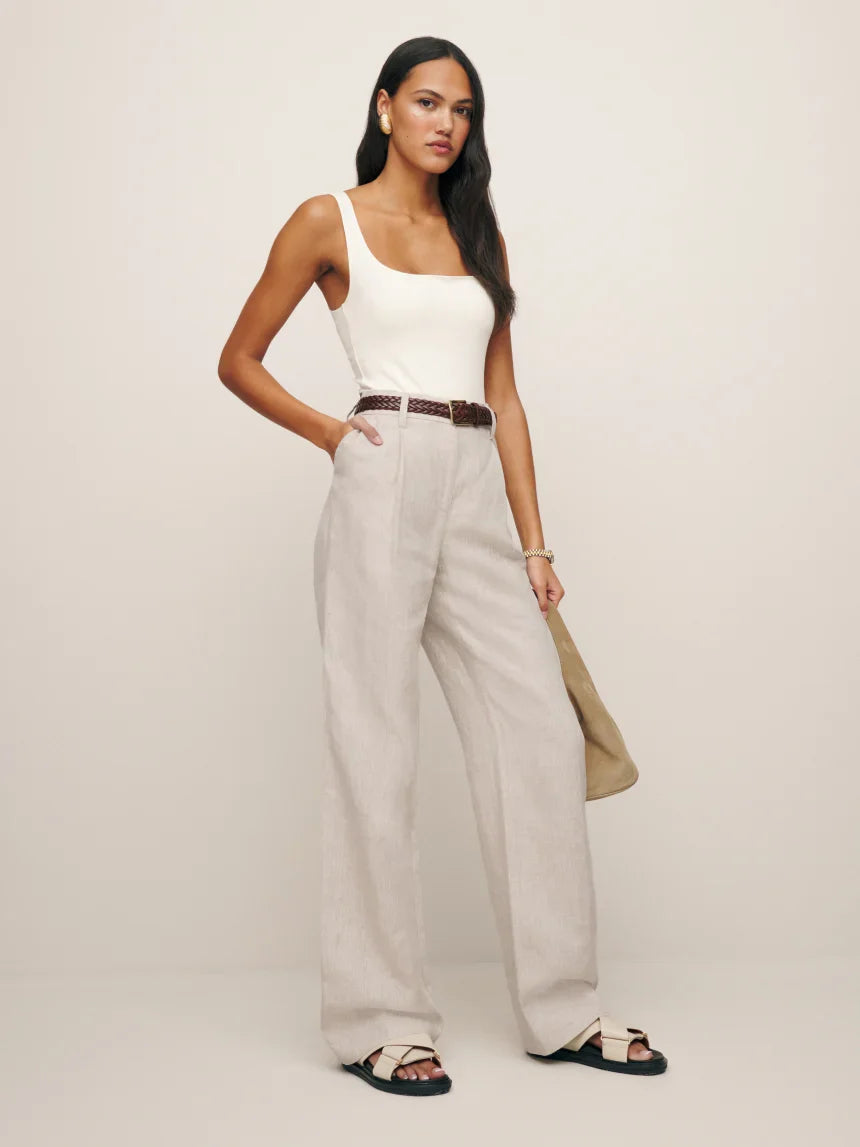 Alex Mid Rise Linen Pant - White