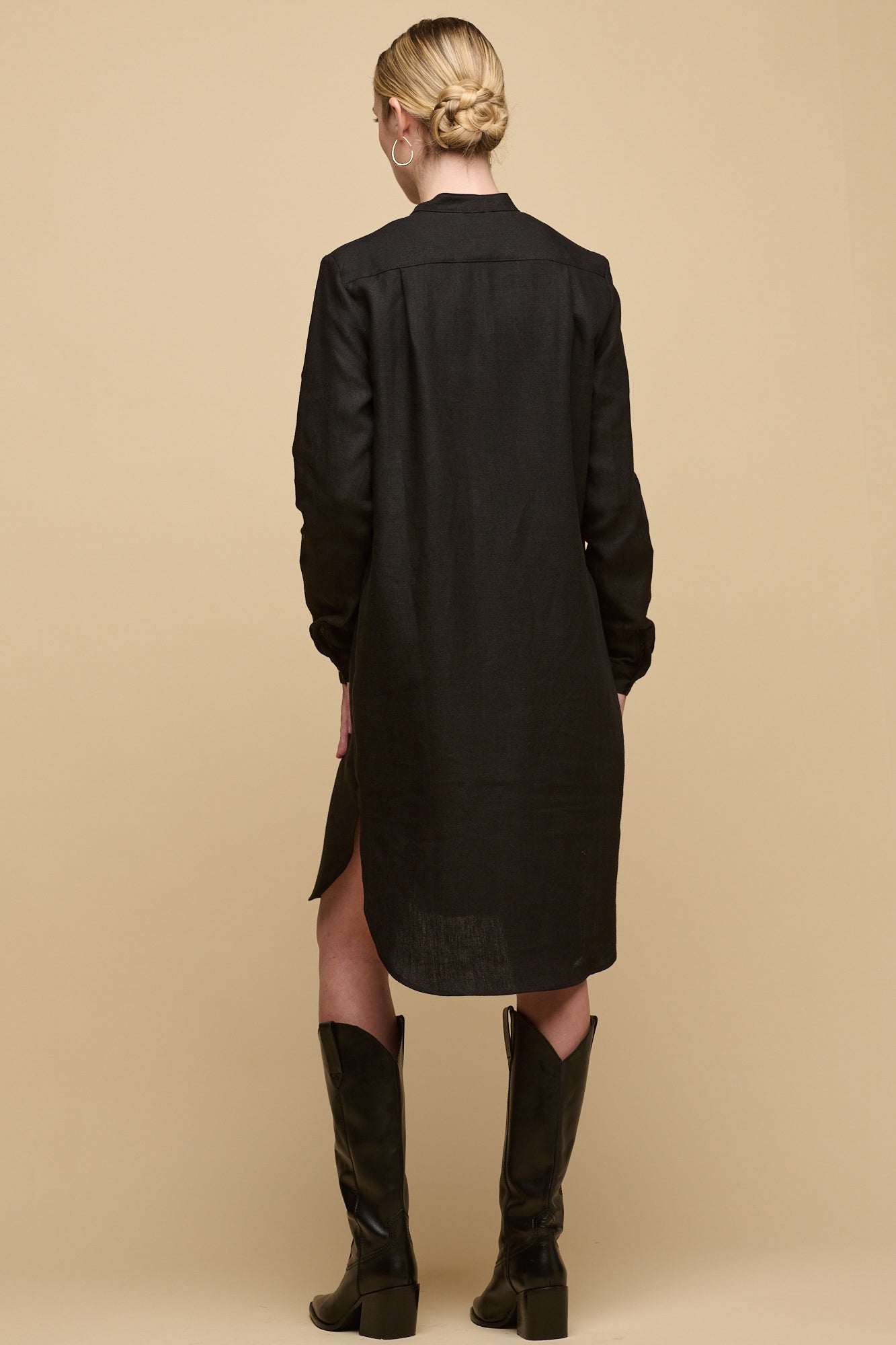 Women's Collarless Shirt Dress - Black Linen Women's Collarless Shirt Dress - Black Linen