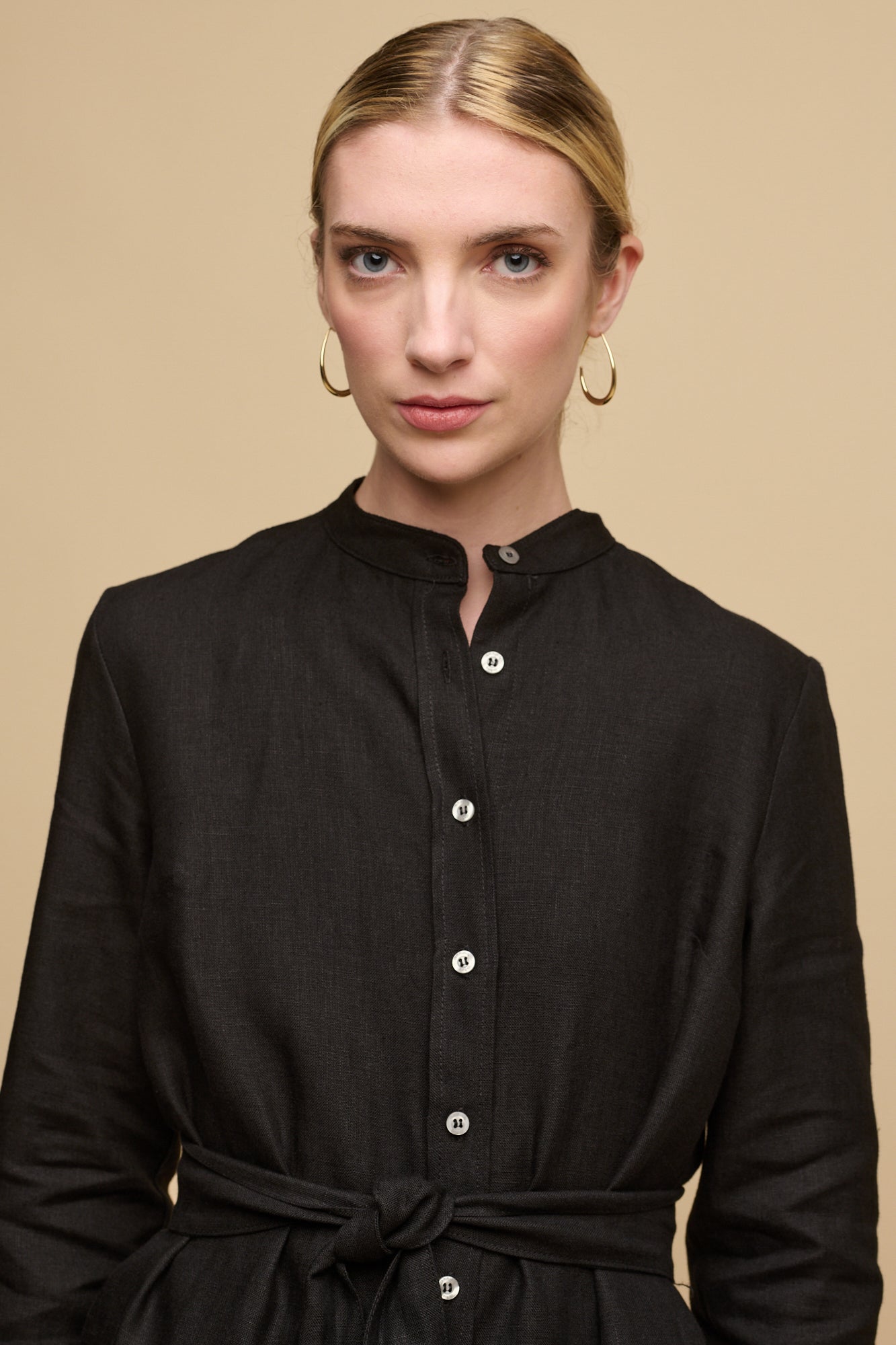 Women's Collarless Shirt Dress - Black Linen Women's Collarless Shirt Dress - Black Linen