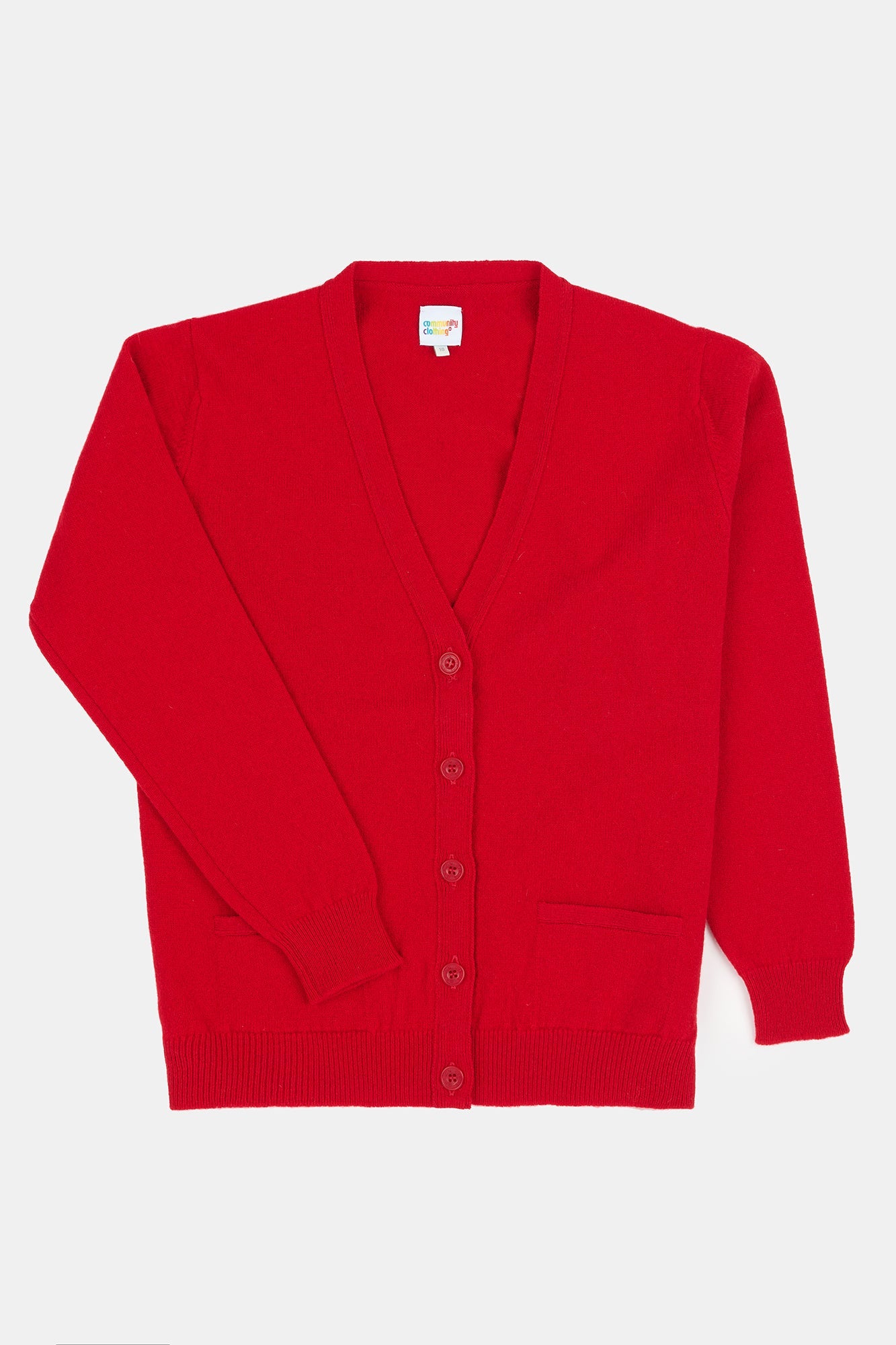 Flatlay product image of women's lambswool v neck cardigan in red