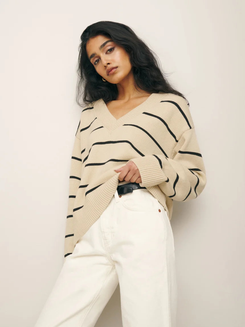 Sienna Oversized Cotton V Neck (Birch With Black Stripes)