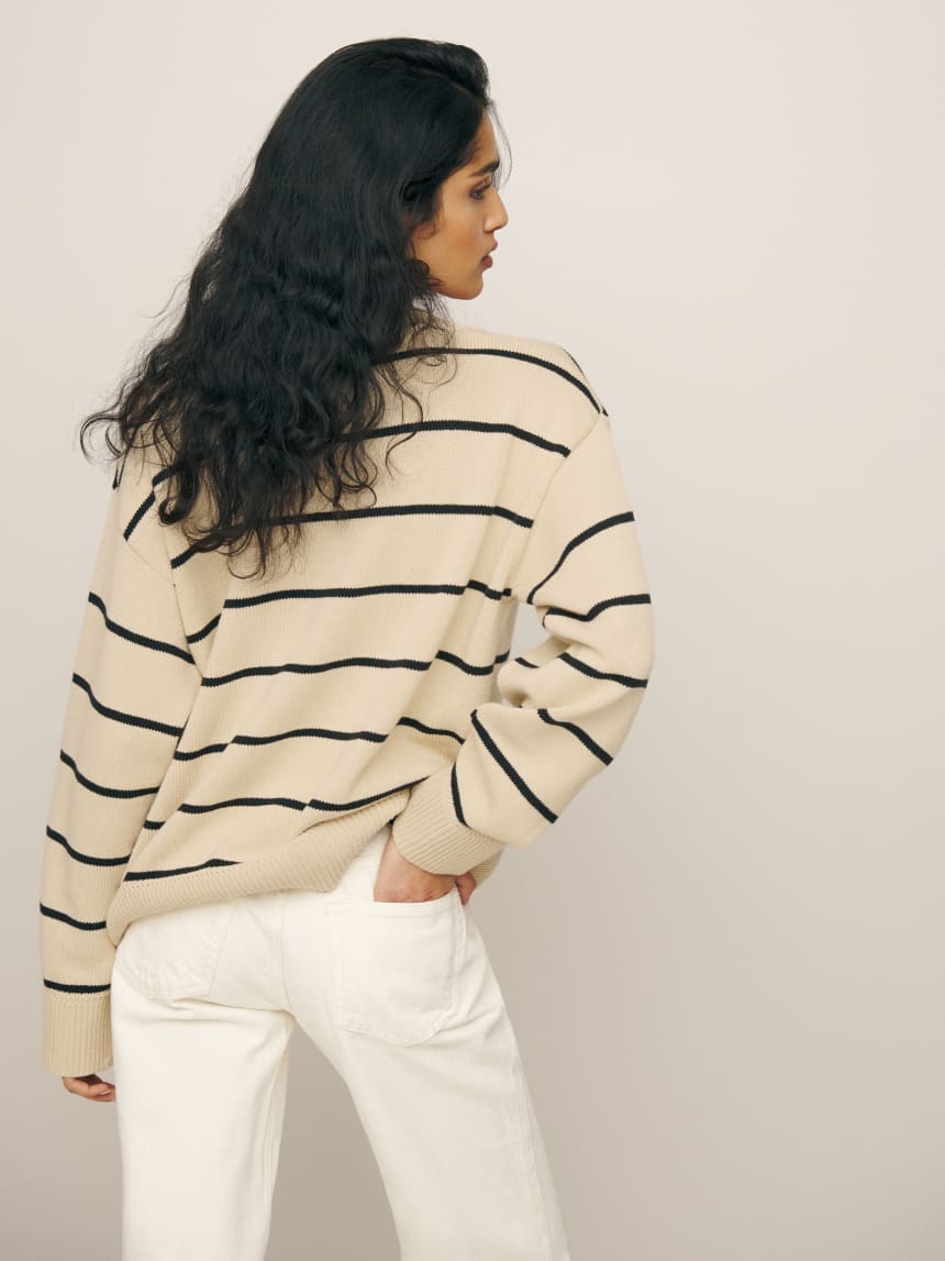 Sienna Oversized Cotton V Neck (Birch With Black Stripes)