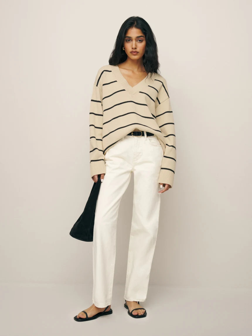 Sienna Oversized Cotton V Neck (Birch With Black Stripes)